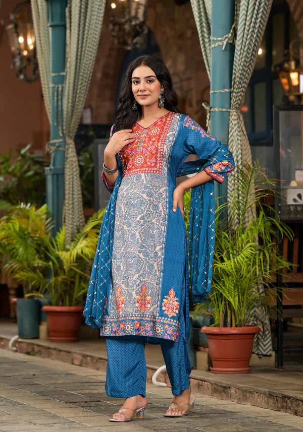 Classic Blue Floral Printed Viscose Kurta Pant and Dupatta Set with Sequins for Traditional Wear