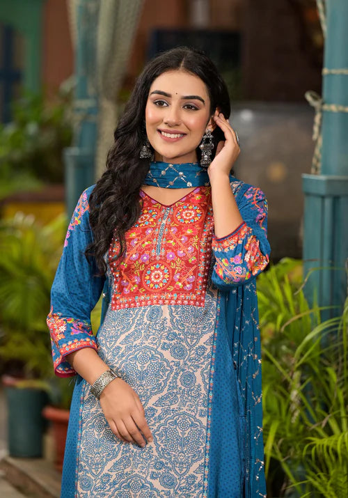 Classic Blue Floral Printed Viscose Kurta Pant and Dupatta Set with Sequins for Traditional Wear