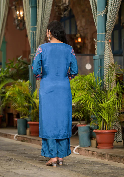 Classic Blue Floral Printed Viscose Kurta Pant and Dupatta Set with Sequins for Traditional Wear