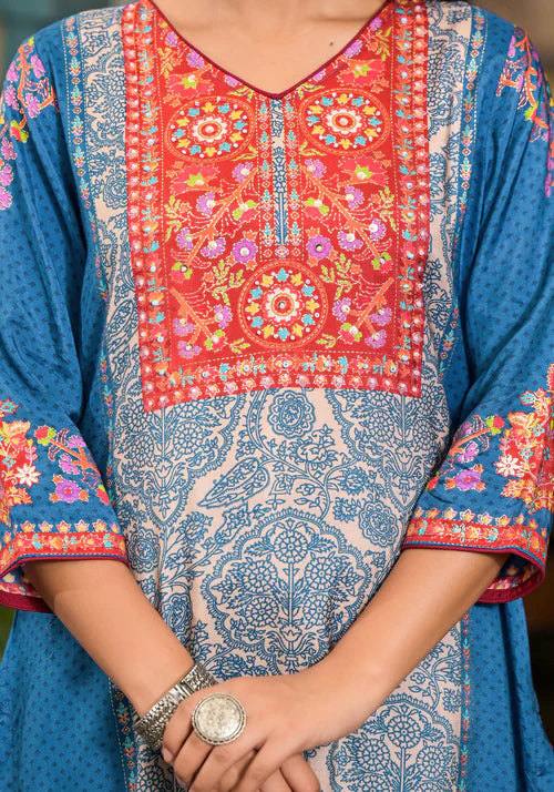 Classic Blue Floral Printed Viscose Kurta Pant and Dupatta Set with Sequins for Traditional Wear