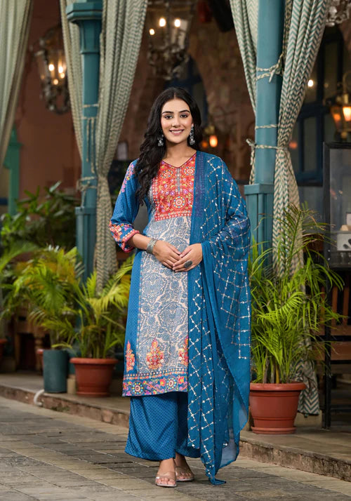 Classic Blue Floral Printed Viscose Kurta Pant and Dupatta Set with Sequins for Traditional Wear