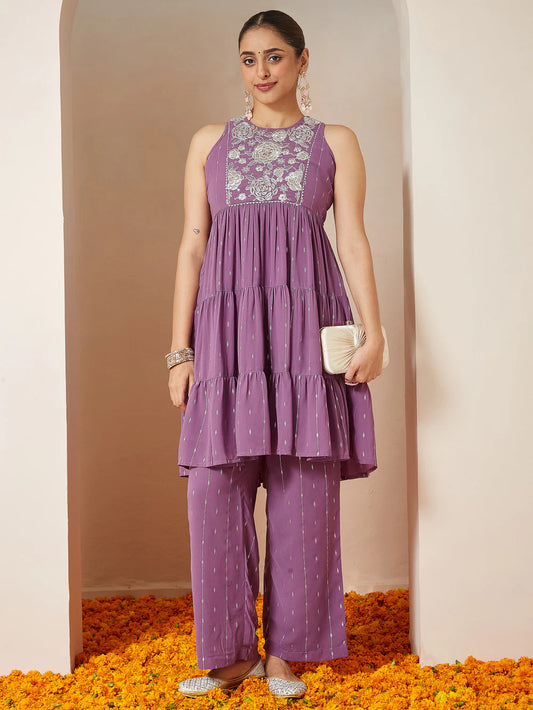 Beautiful Women’s Lavender Georgette Embellished Kurta With Palazzo Set Perfect for Party Ready Look