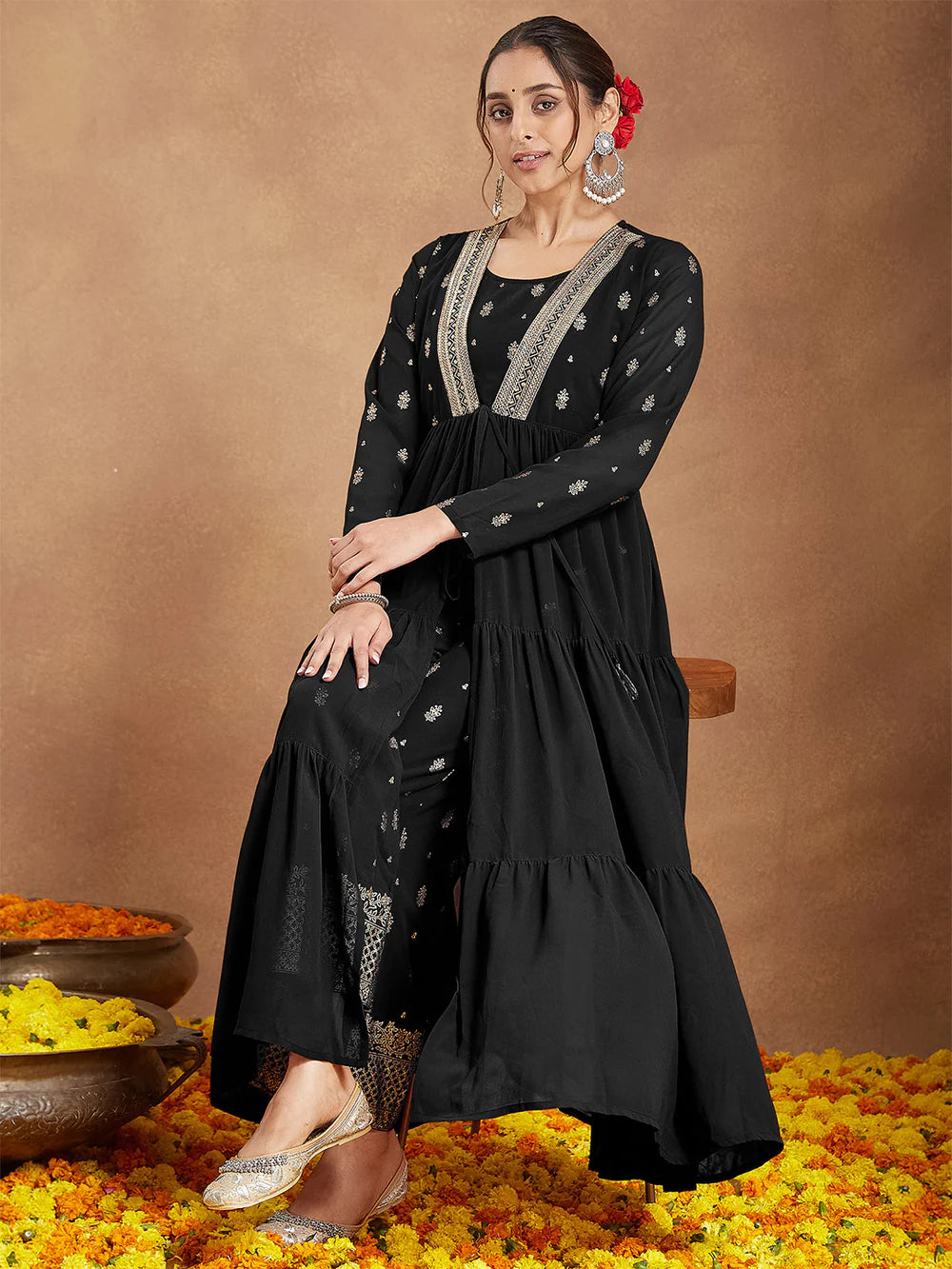 Premium Designer Black Georgette Embellished Foil Printed Front-open Tiered Kurta Pant Set for Festive Occasions
