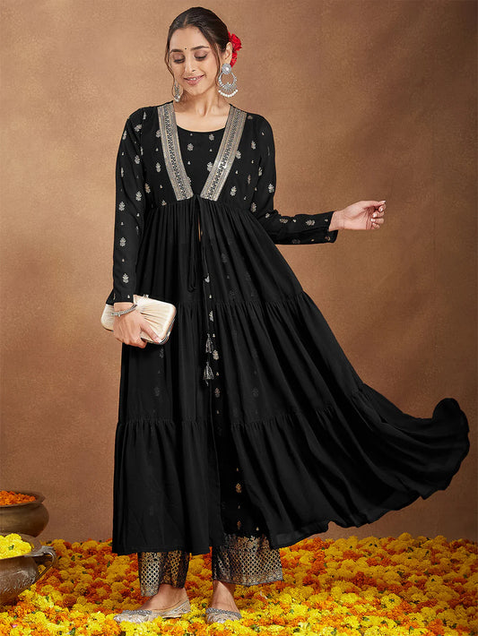 Premium Designer Black Georgette Embellished Foil Printed Front-open Tiered Kurta Pant Set for Festive Occasions