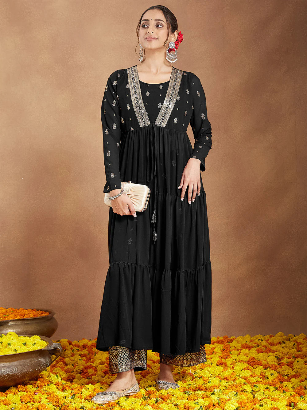 Premium Designer Black Georgette Embellished Foil Printed Front-open Tiered Kurta Pant Set for Festive Occasions