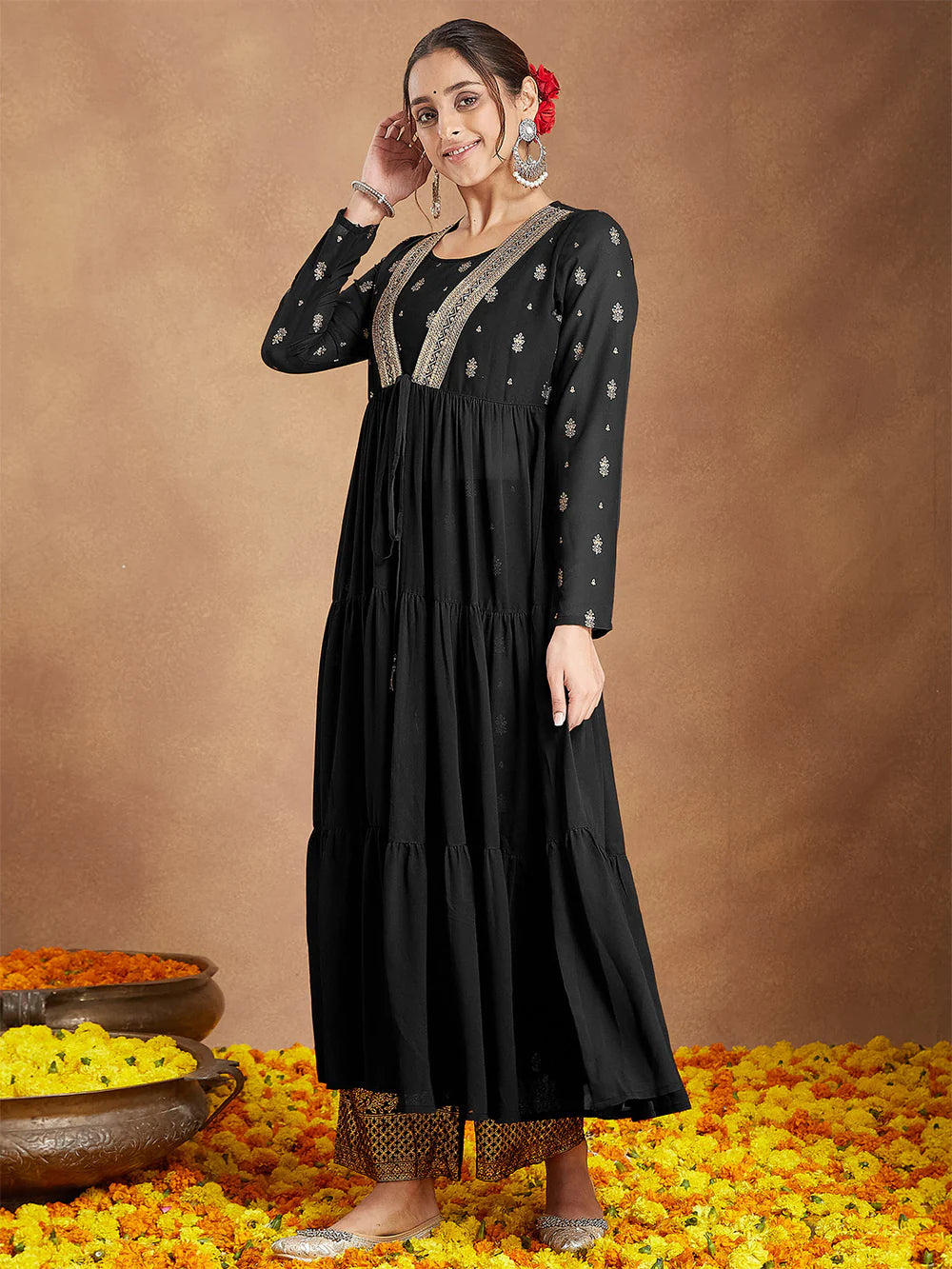 Premium Designer Black Georgette Embellished Foil Printed Front-open Tiered Kurta Pant Set for Festive Occasions