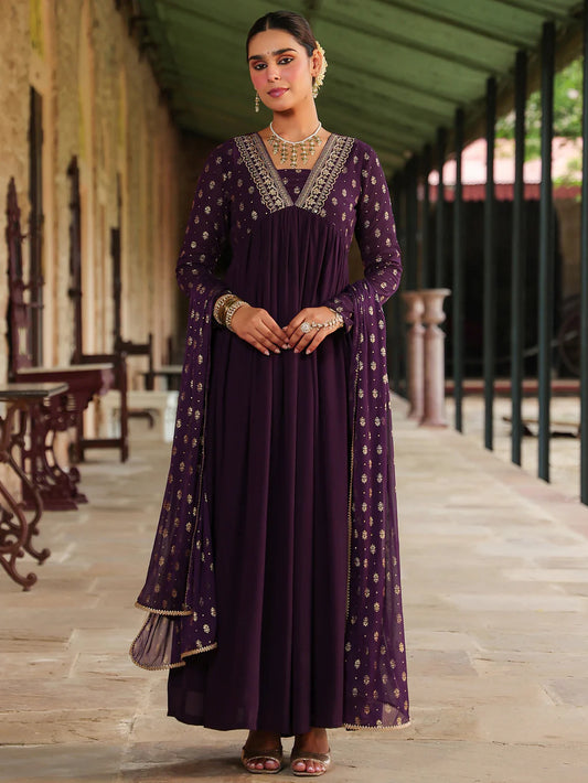 Premium Women’s Purple Georgette Kurta Set with Foil Print, Intricate Embellishments, Gathered Hem, and Matching Dupatta