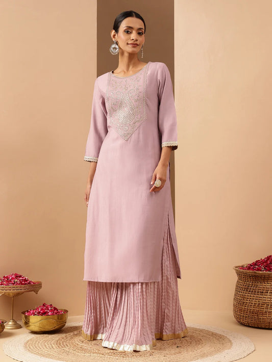 Fancy Lavender Silk Blend Yoke Embroidered Straight Kurta Perfect for Evening Gatherings and Special Events