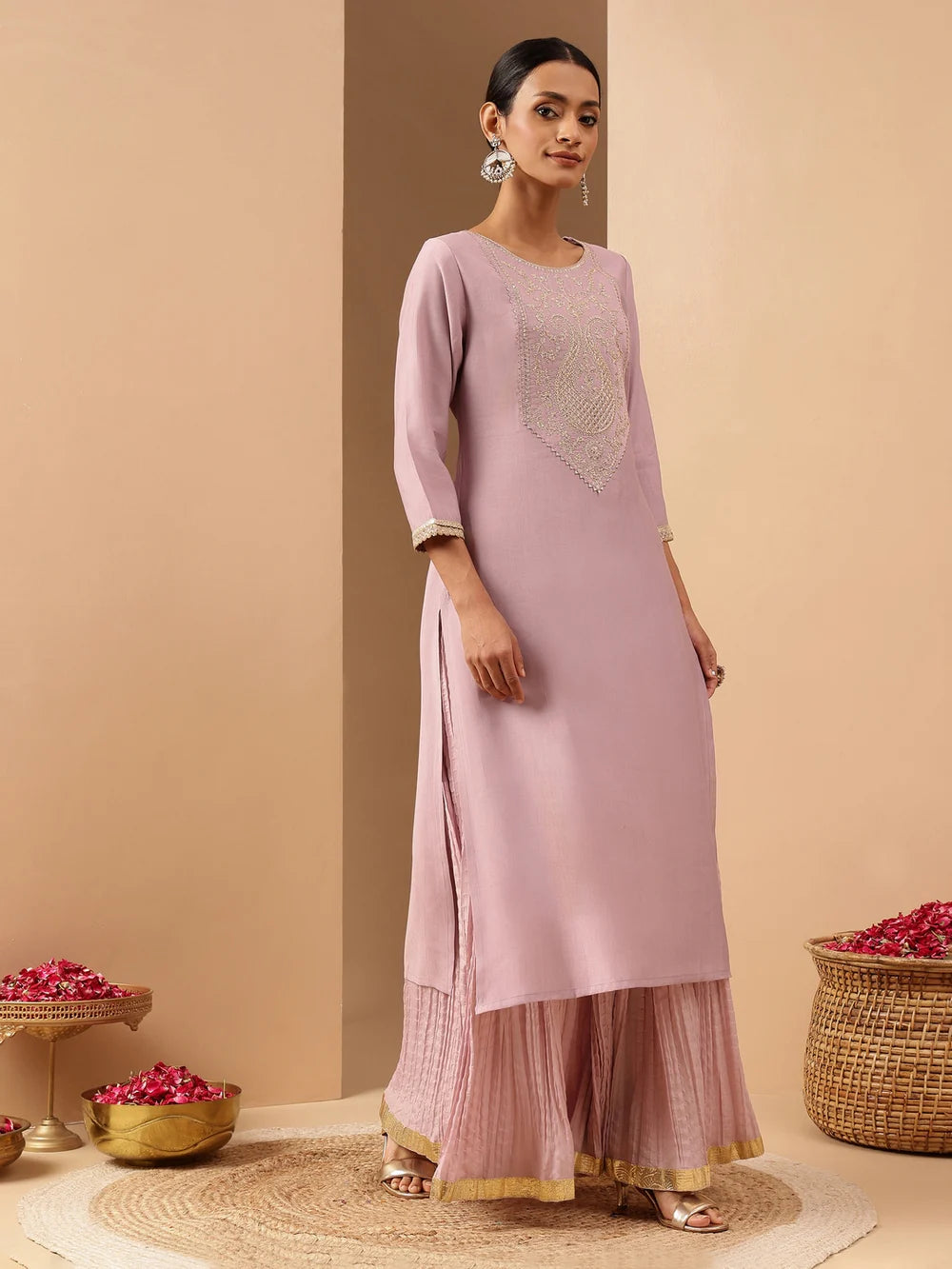 Fancy Lavender Silk Blend Yoke Embroidered Straight Kurta Perfect for Evening Gatherings and Special Events