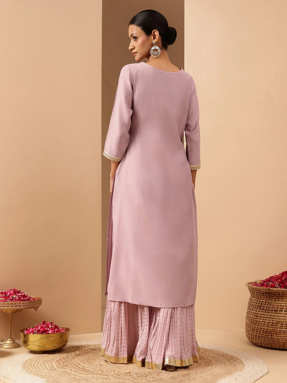 Fancy Lavender Silk Blend Yoke Embroidered Straight Kurta Perfect for Evening Gatherings and Special Events