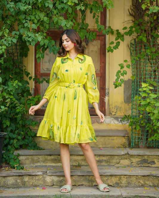 Stylish Yellow Shirt Dress for Women Featuring Unique Handpainted Design Ideal for Everyday Fashion