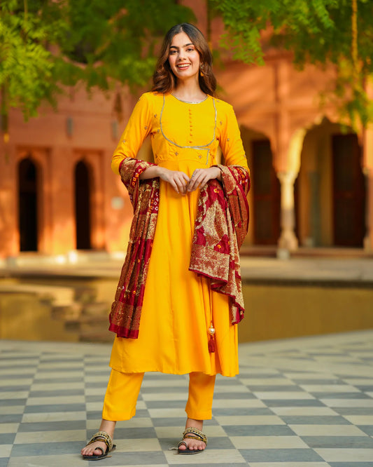 Designer Women’s Mustard Angrakha Kurta Set with Coordinated Bottoms and Flowing Dupatta for Special Occasions