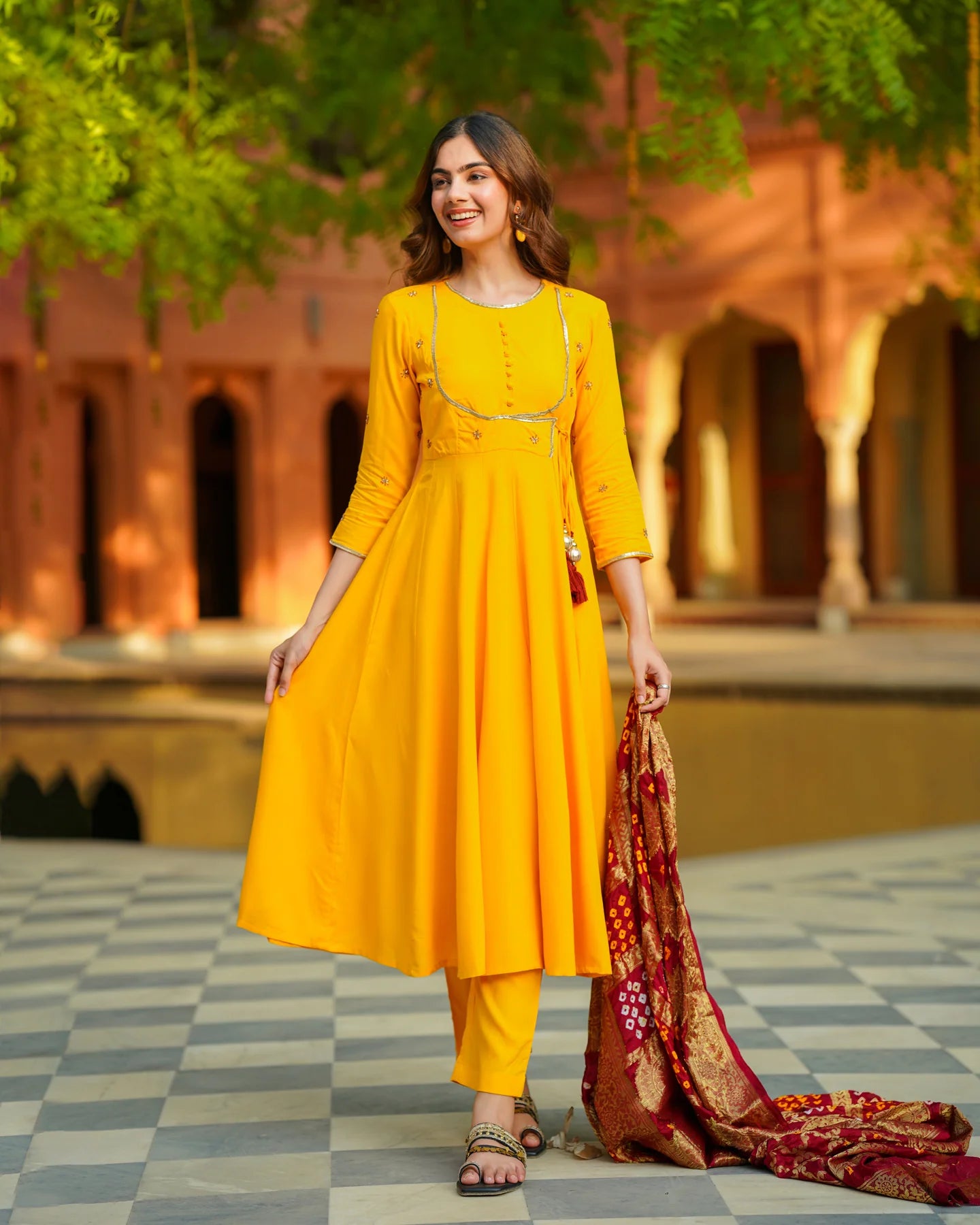 Designer Women’s Mustard Angrakha Kurta Set with Coordinated Bottoms and Flowing Dupatta for Special Occasions