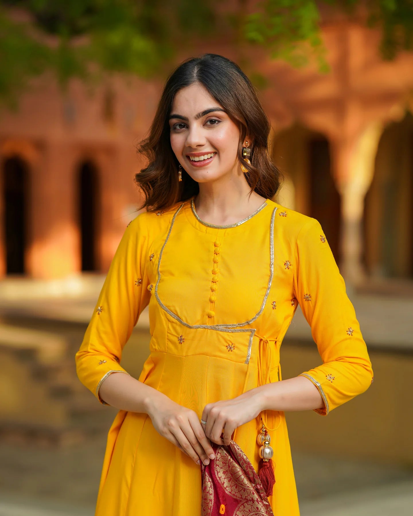 Designer Women’s Mustard Angrakha Kurta Set with Coordinated Bottoms and Flowing Dupatta for Special Occasions