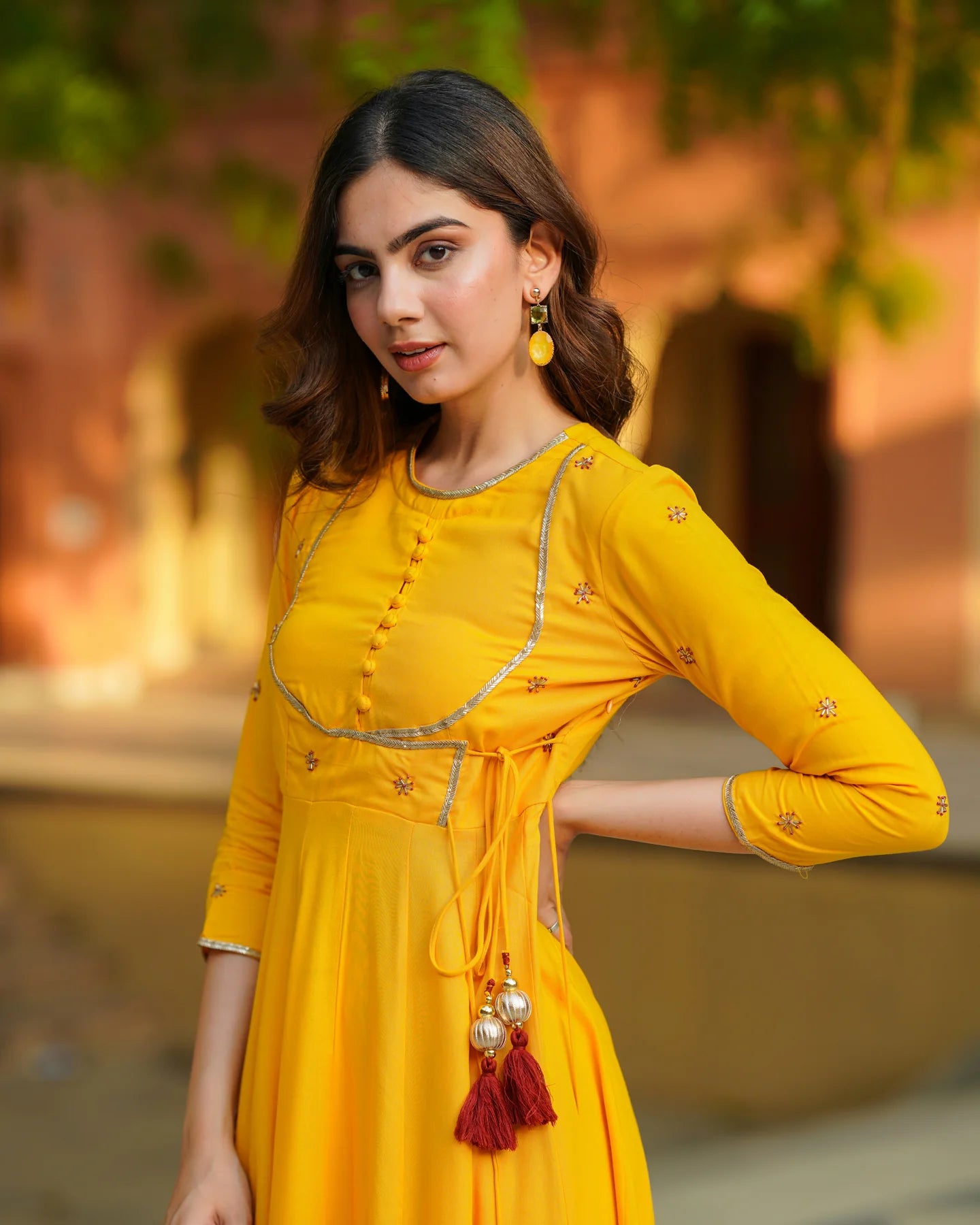 Designer Women’s Mustard Angrakha Kurta Set with Coordinated Bottoms and Flowing Dupatta for Special Occasions