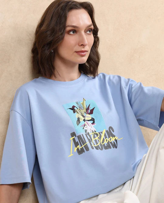 Stylish Light Multi Oversized T-Shirt for Women with KLOVE Brand Floral Artwork and Relaxed Fit