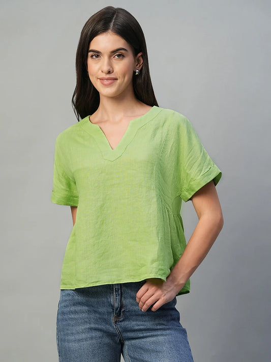 Comfortable Linen Blouse for Women in Lime with Regular Fit Design