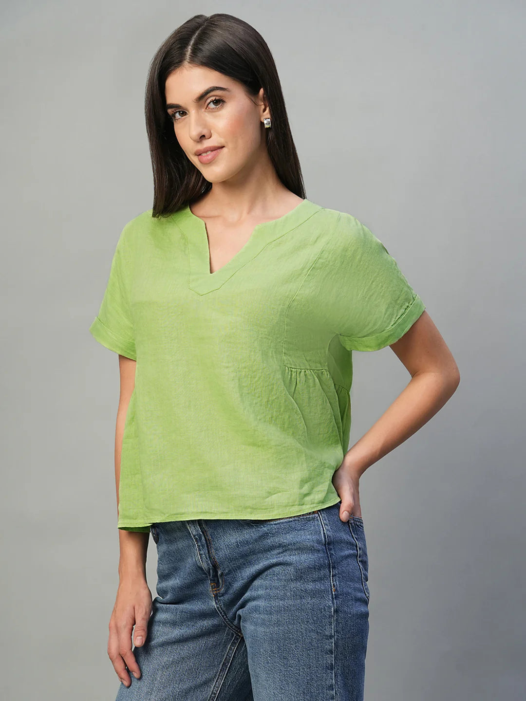 Comfortable Linen Blouse for Women in Lime with Regular Fit Design