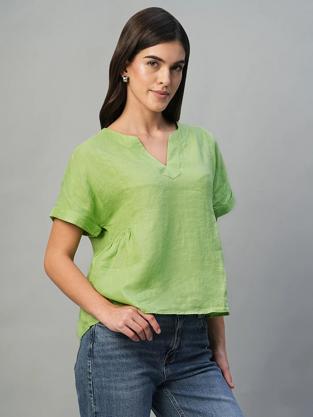 Comfortable Linen Blouse for Women in Lime with Regular Fit Design