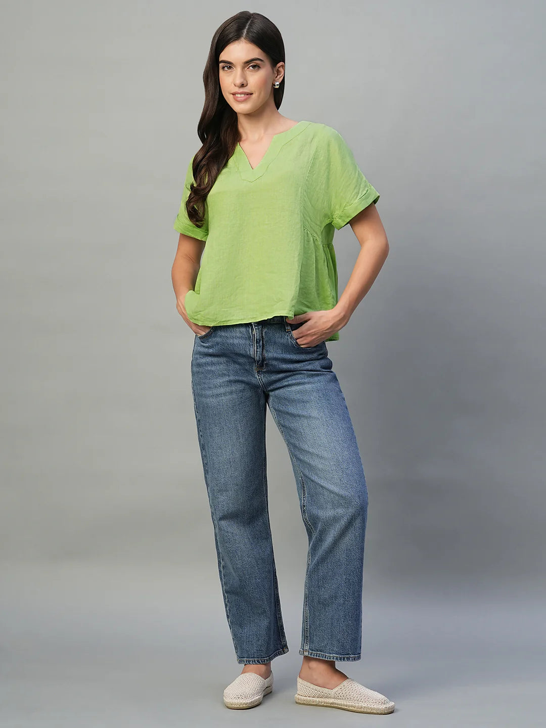 Comfortable Linen Blouse for Women in Lime with Regular Fit Design