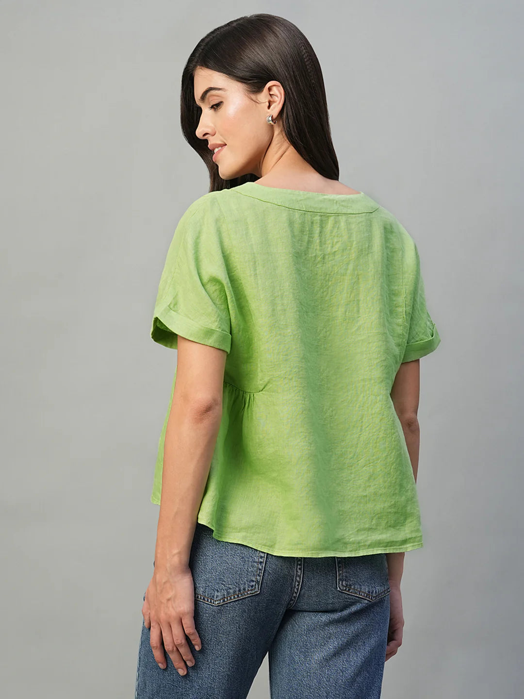 Comfortable Linen Blouse for Women in Lime with Regular Fit Design