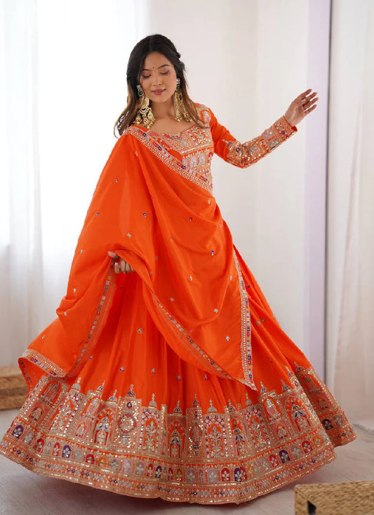 Orange Silk Lehenga Choli with Designer Sequin Embroidery – Latest Party Wear Collection