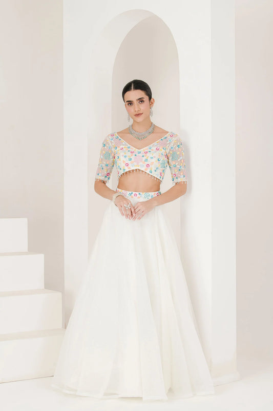 Radiant White Wedding Lehenga Set with Beautiful Floral Embroidery Accents
