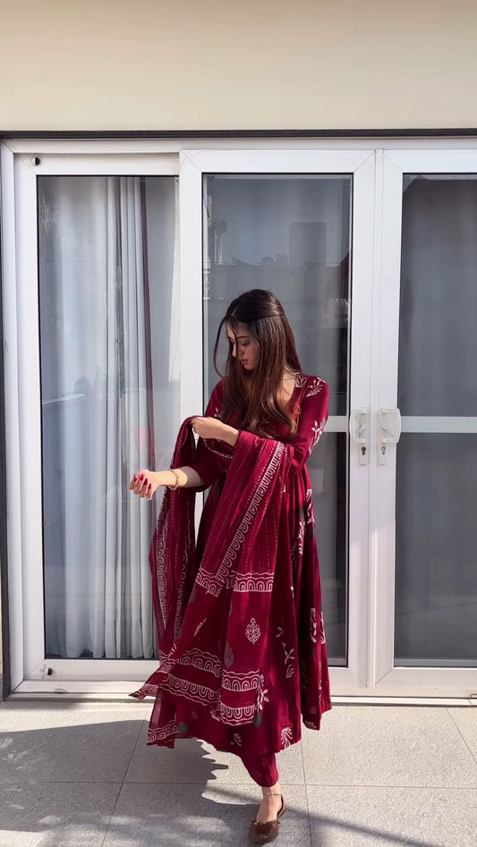 Traditional Ethnic Women’s Maroon Handblock Anarkali Set with Detailed Prints and Coordinated Dupatta for Elegant Look