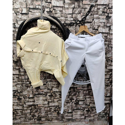 Stylish Men Lycra Shirt and Pant Combo Set in Yellow and White Ideal for Daily Wear and Festive Look