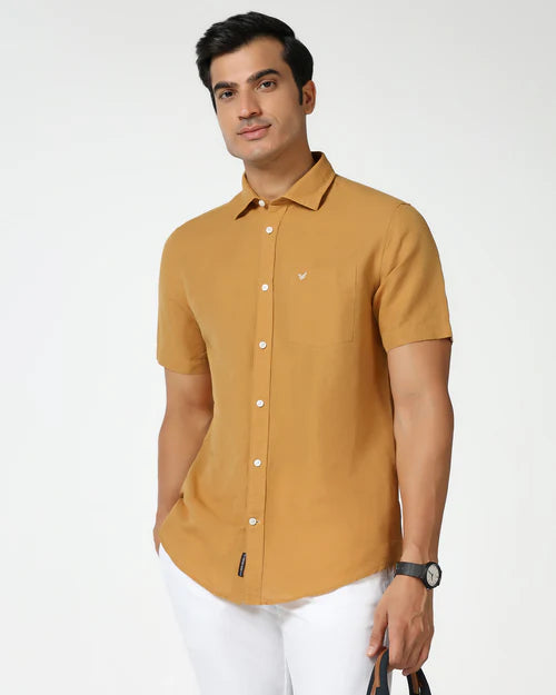 Modern Men’s Yellow Half Sleeve Linen Shirt with Comfortable and Stylish Fit