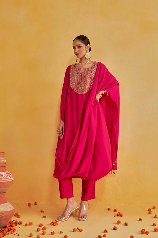 Handcrafted Gulabi Kurta Set with Intricate Work and Flowing Dupatta