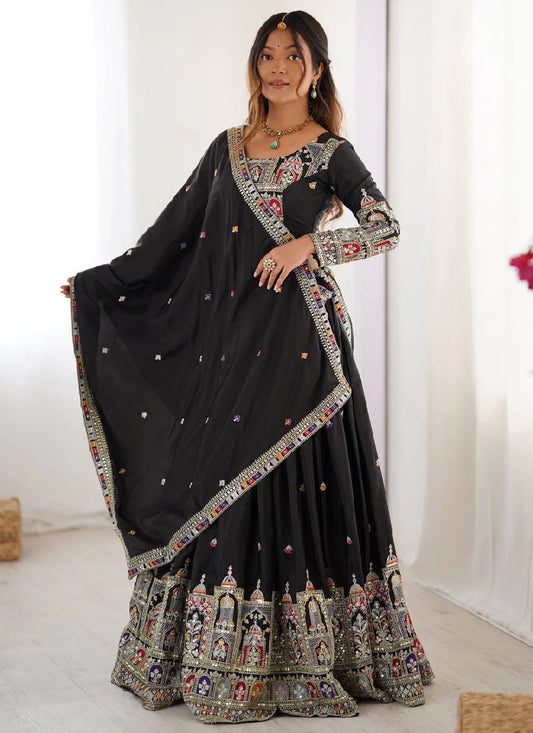 Black Silk Lehenga Choli with Designer Coding Embroidery – Party and Reception Wear