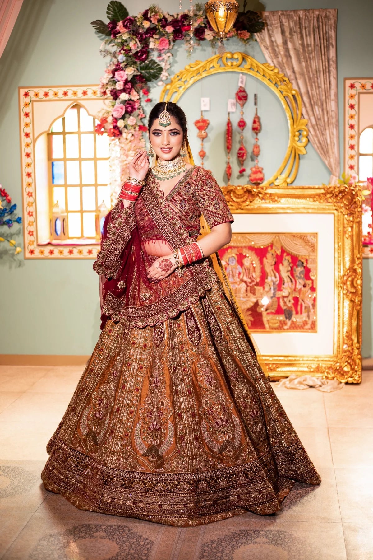 Beautiful Red and Mustard Hand Embroidered Bridal Lehenga Choli Set with Dupatta