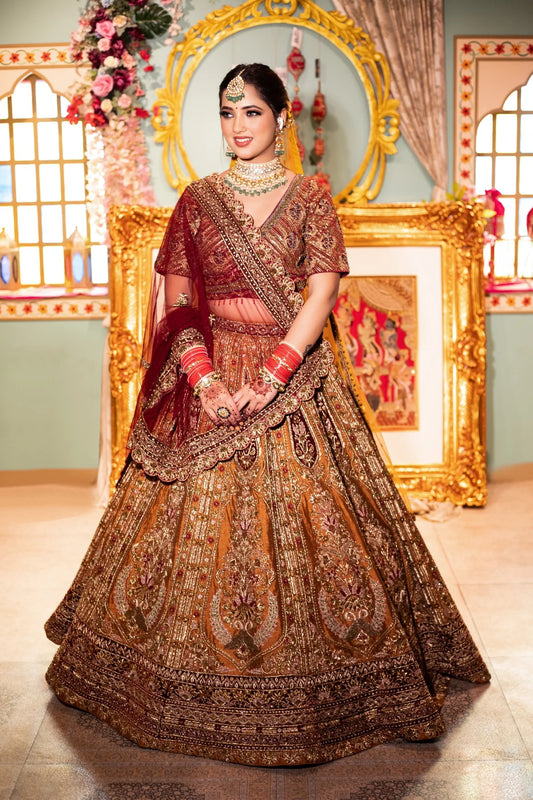 Beautiful Red and Mustard Hand Embroidered Bridal Lehenga Choli Set with Dupatta