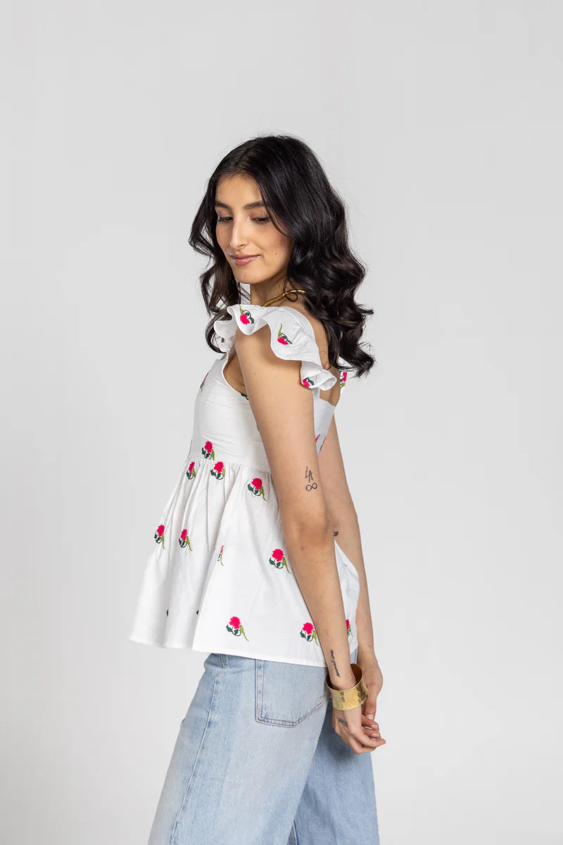 Beautiful Parrot Shade Top with Peony Print and Feminine Ruffle Sleeves