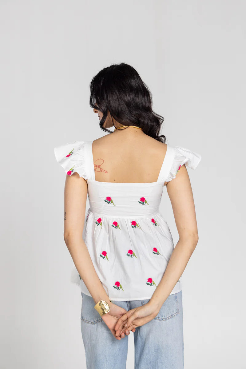 Beautiful Parrot Shade Top with Peony Print and Feminine Ruffle Sleeves