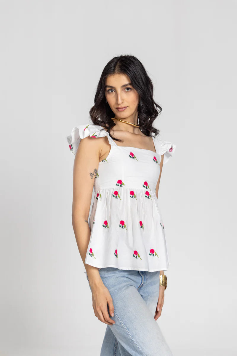 Beautiful Parrot Shade Top with Peony Print and Feminine Ruffle Sleeves