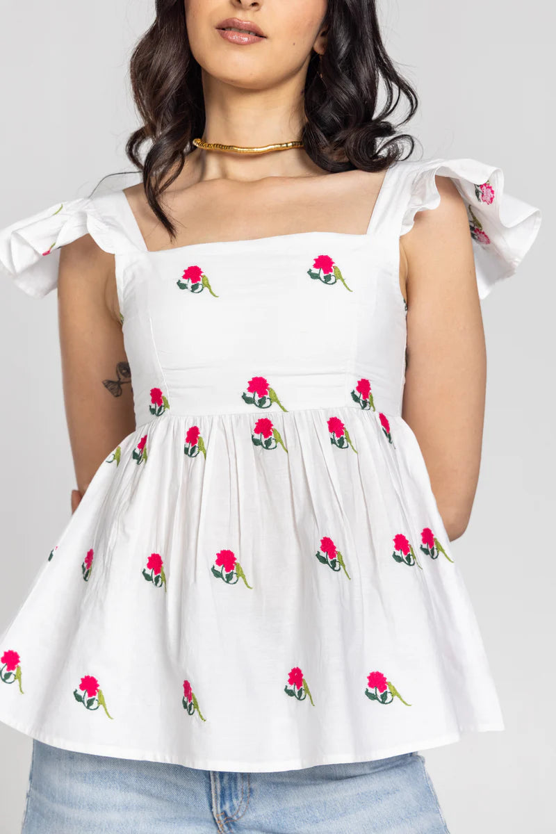 Beautiful Parrot Shade Top with Peony Print and Feminine Ruffle Sleeves