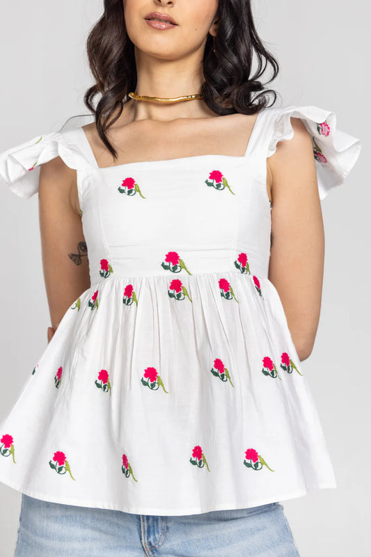 Beautiful Parrot Shade Top with Peony Print and Feminine Ruffle Sleeves