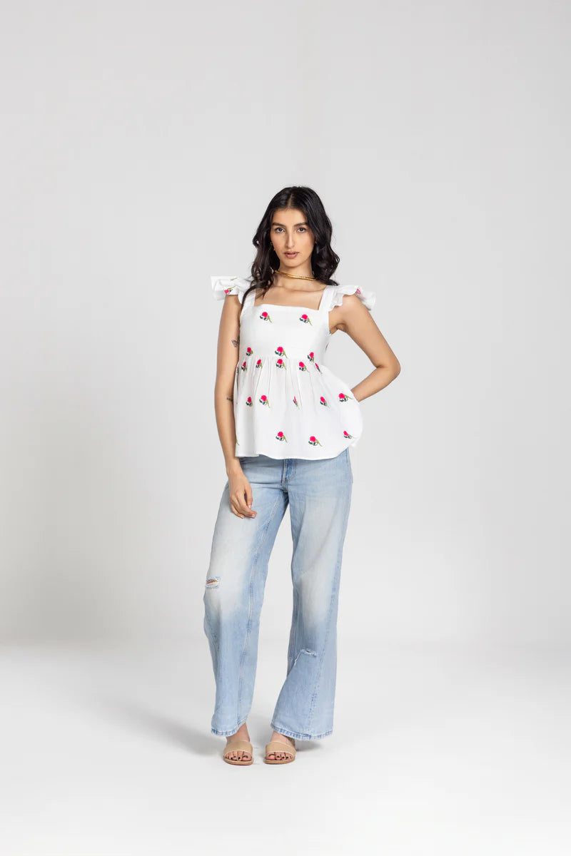 Beautiful Parrot Shade Top with Peony Print and Feminine Ruffle Sleeves