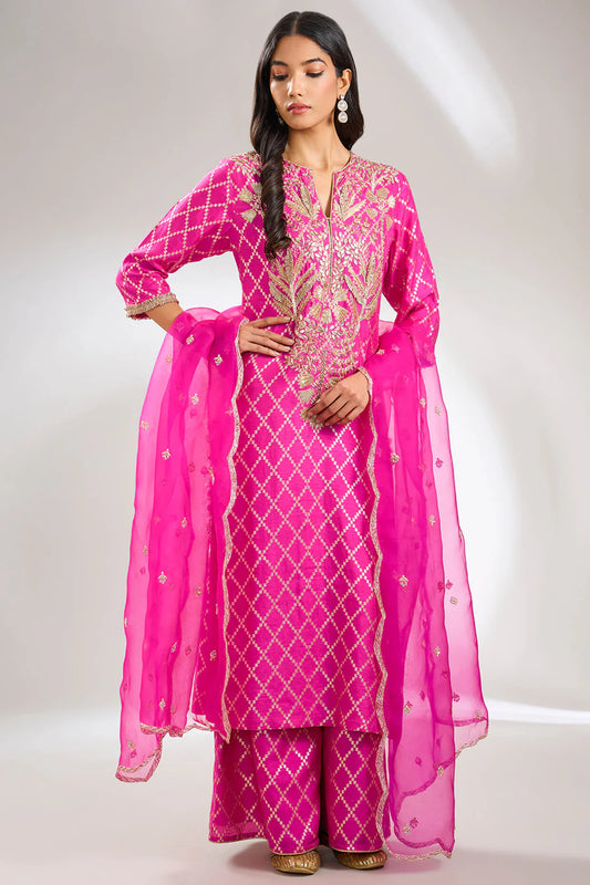 Glamorous Hot Pink Embroidered Kurta and Pant Set Perfect for Festive Gatherings and Parties