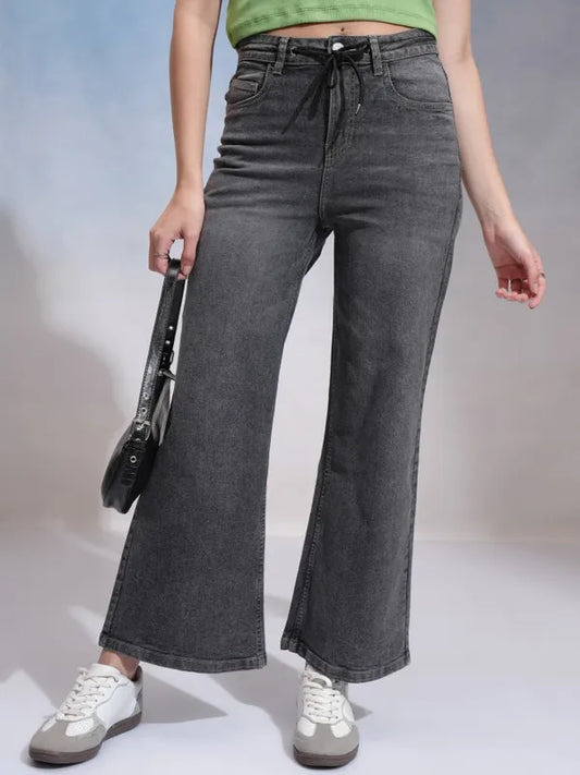 Durable Women Grey Wide Leg Stretchable Denim Jeans Designed for Versatile Everyday Wear