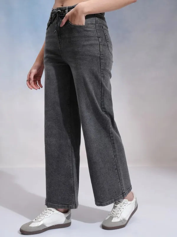 Durable Women Grey Wide Leg Stretchable Denim Jeans Designed for Versatile Everyday Wear