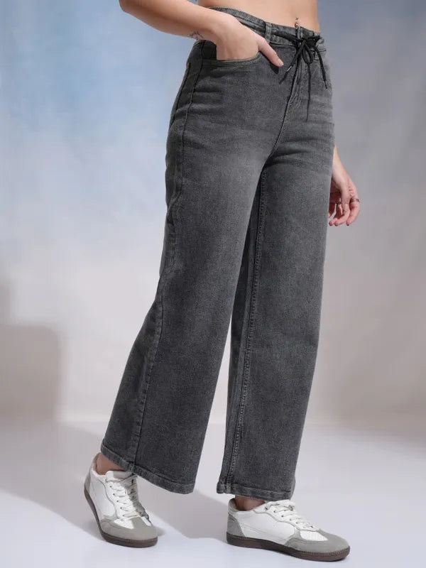 Durable Women Grey Wide Leg Stretchable Denim Jeans Designed for Versatile Everyday Wear