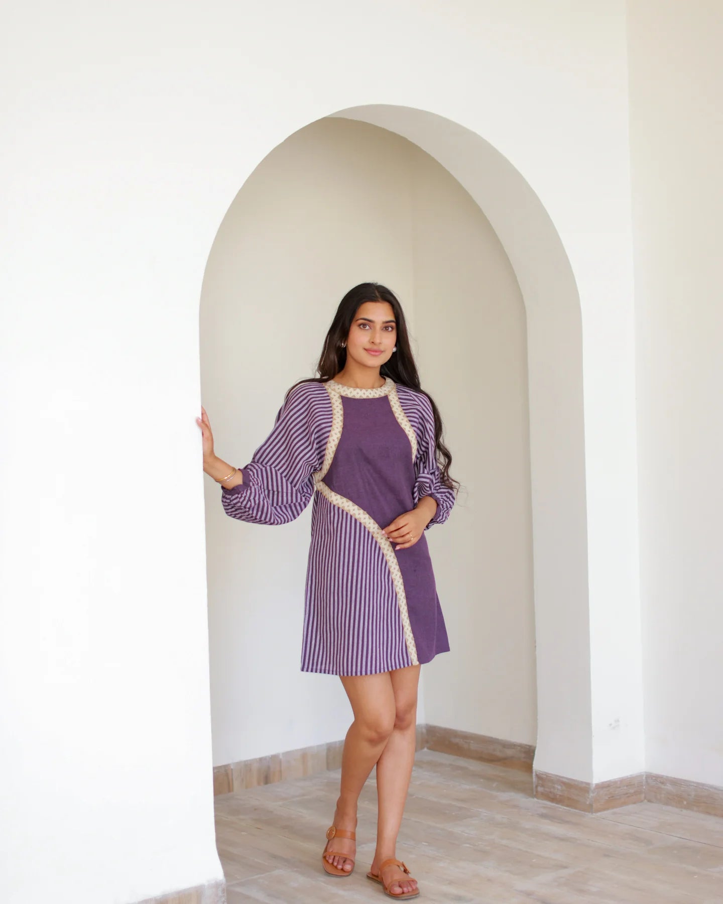 Purple Lace & Stripe Dress Elegant Women’s Casual and Evening Dress
