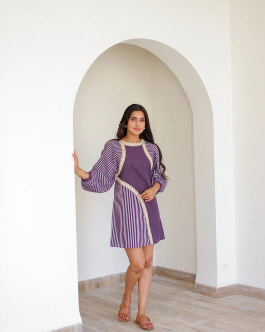 Purple Lace & Stripe Dress Elegant Women’s Casual and Evening Dress