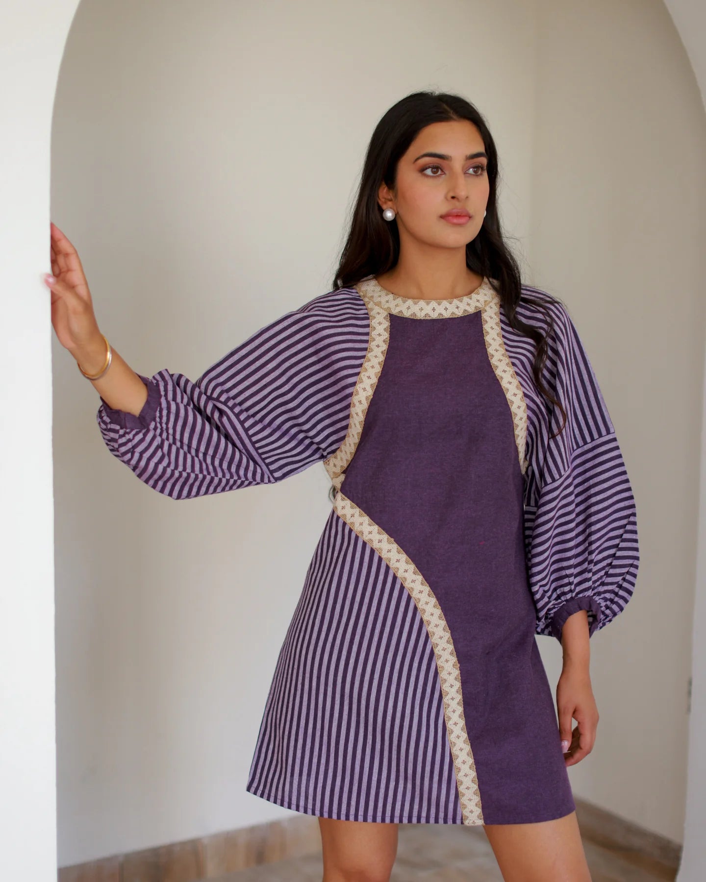 Purple Lace & Stripe Dress Elegant Women’s Casual and Evening Dress