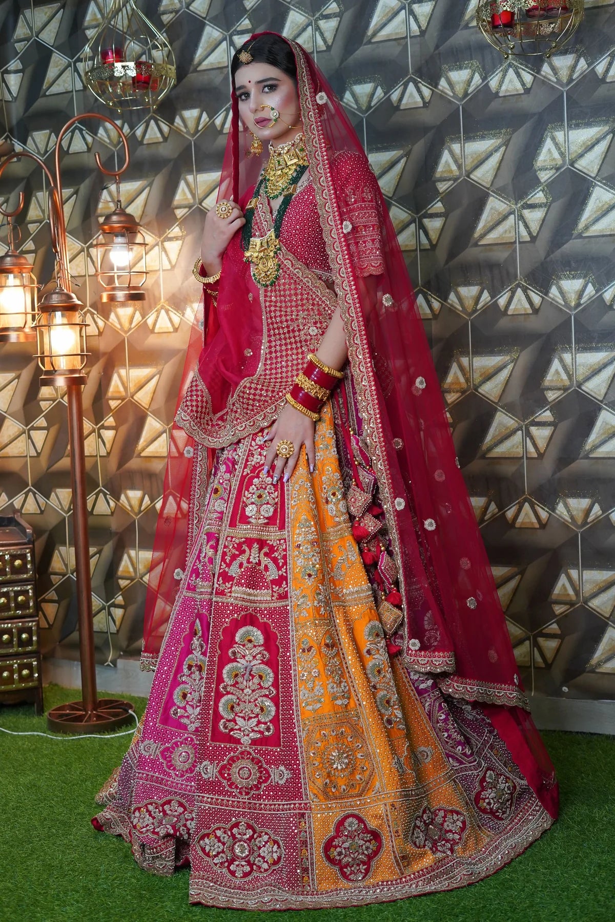 Exquisite Red & Mustard Lehenga with Peacock Motif – Ideal for Weddings and Receptions