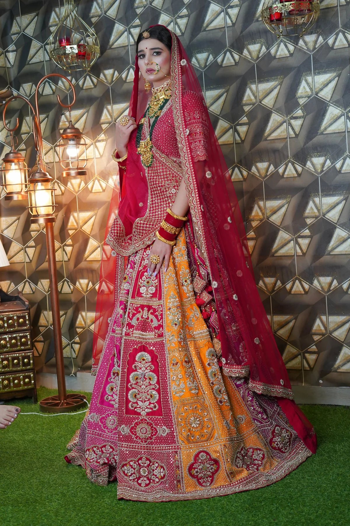 Exquisite Red & Mustard Lehenga with Peacock Motif – Ideal for Weddings and Receptions
