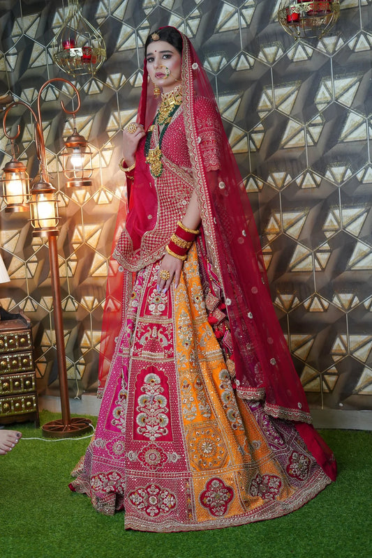 Exquisite Red & Mustard Lehenga with Peacock Motif – Ideal for Weddings and Receptions